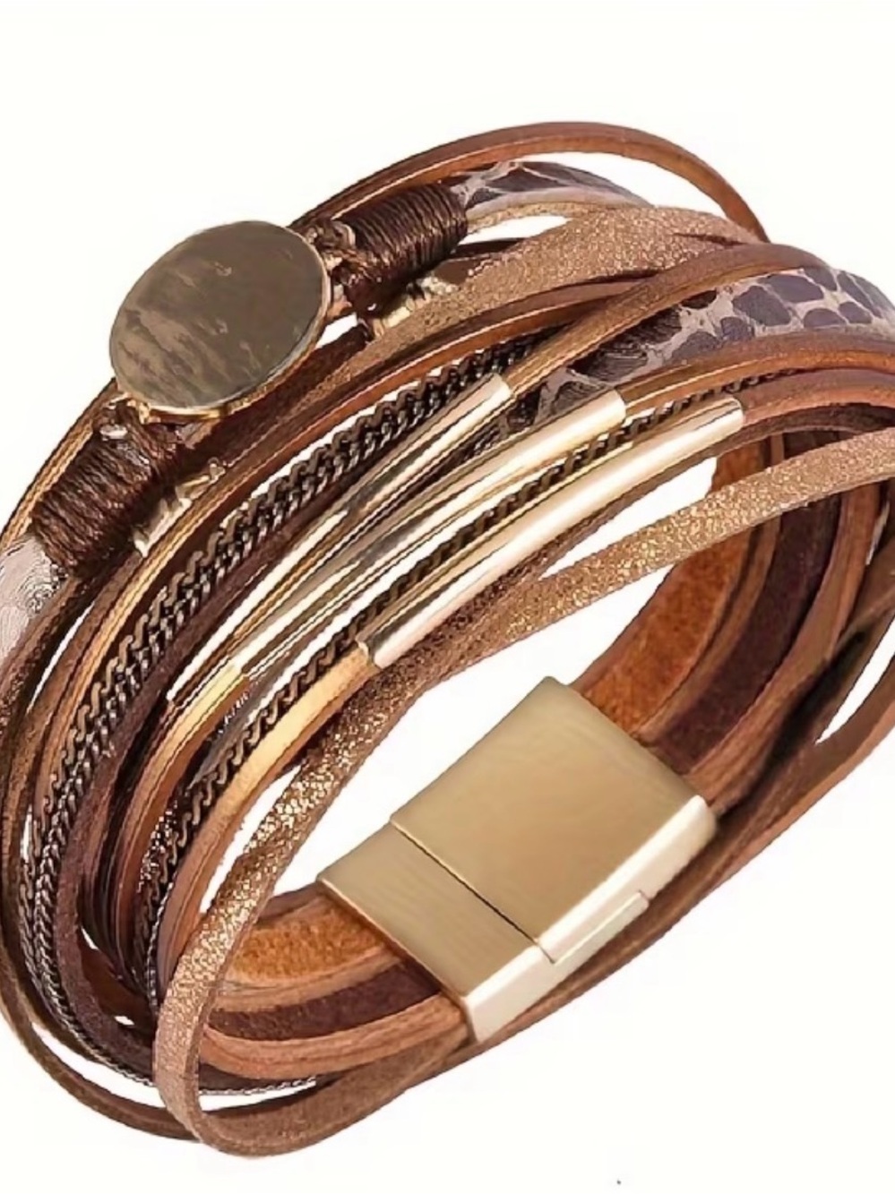 Multi-Row Brown and Gold Layered Leather Bracelet - Unbranded